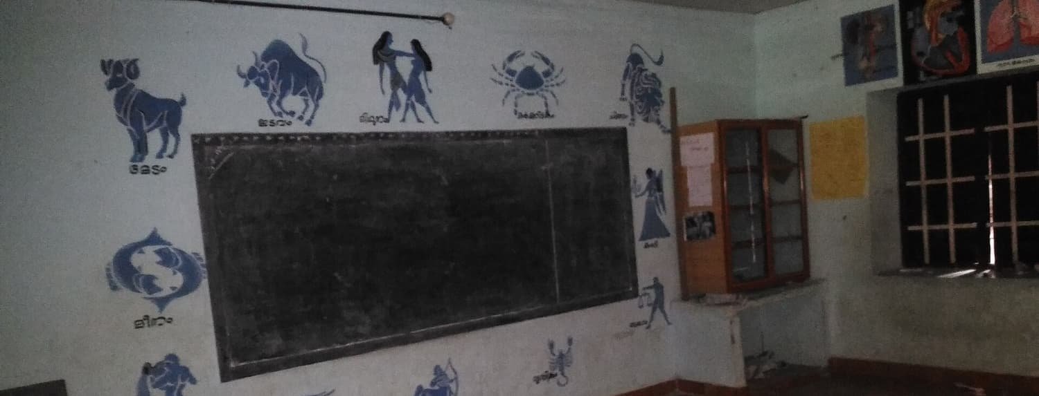 A classroom blackboard surrounded by educational wall paintings